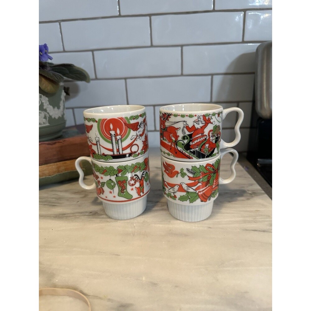 Set of 4 Vintage Mid Century Stacking Christmas Mugs Trimont Ware Japan - Picture 4 of 12